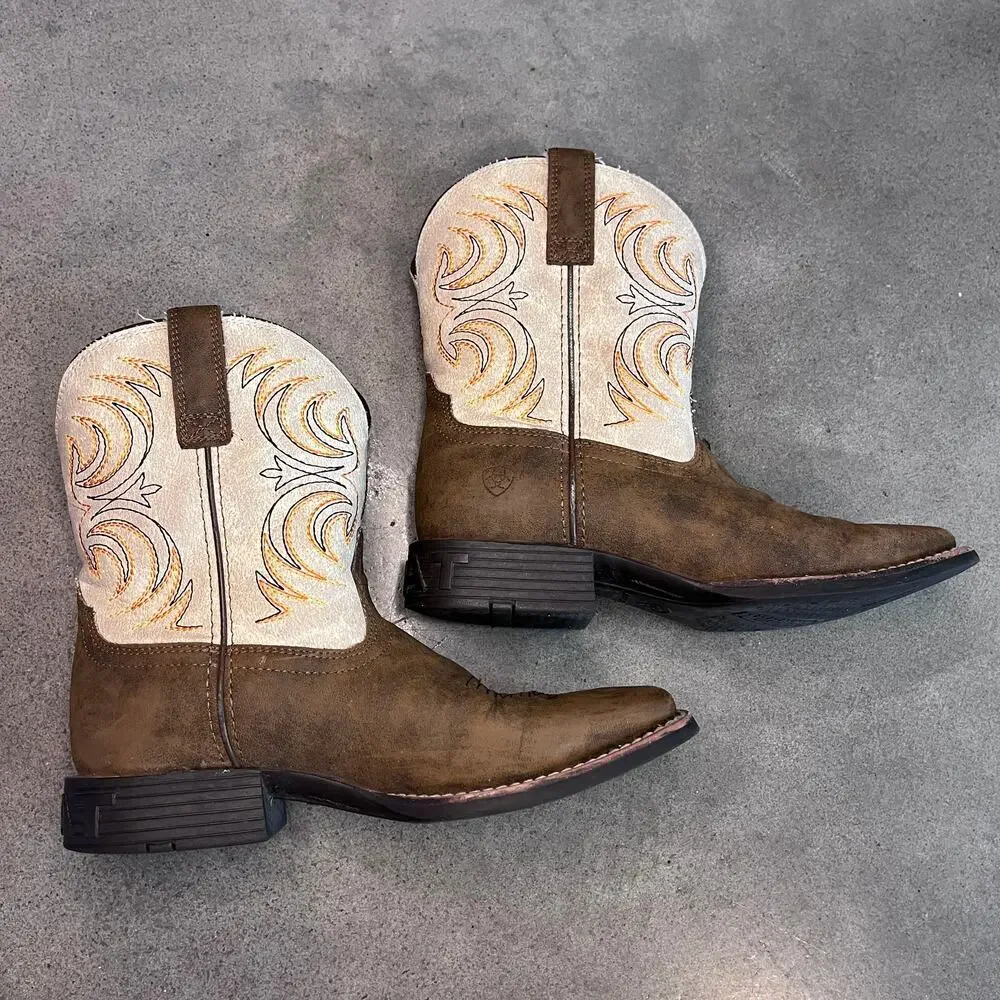 Ariat Storm Western boots Antique brown cream embroidery Youth boys 3.5 shoes